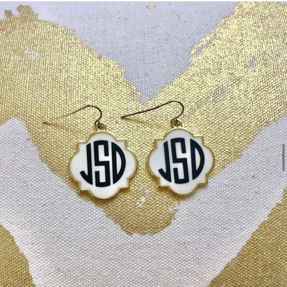 Custom Monogram Earrings Dangly Quatrefoil Cream Gold Pink Black Silver White